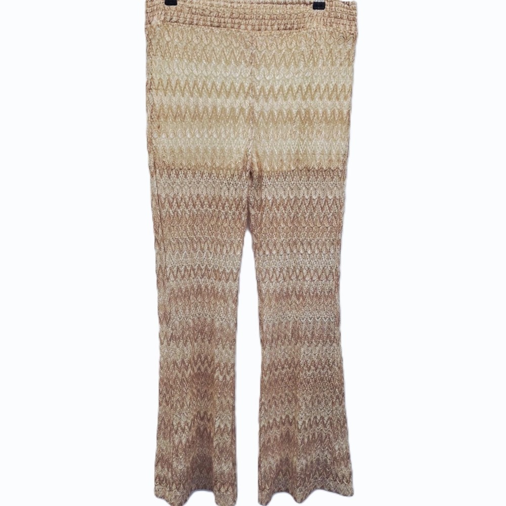 Womens L Cream Crochet Knit Wide Leg Pants Lined Stretch Boho Beachy Resort